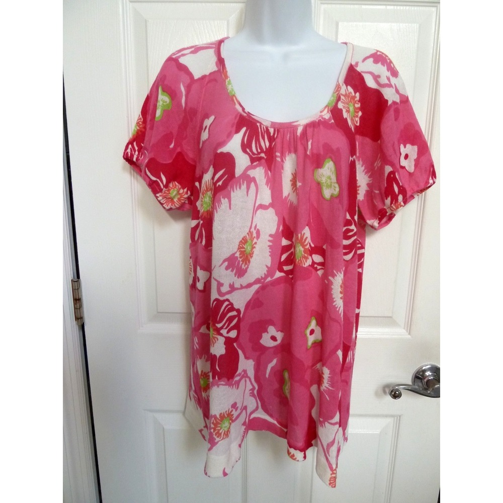 Lilly Pulitzer Sz M Short Puff Sleeve Sweater Pink Floral Cotton Knit 96128